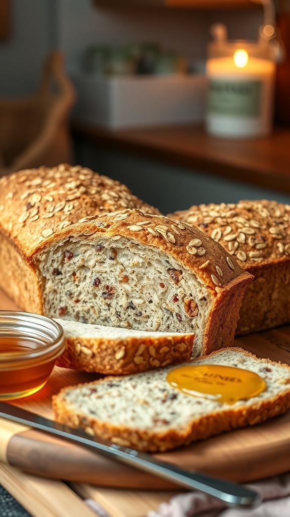 Nutty Oat Loaf Bread Recipe A golden brown oat loaf bread sliced on a wooden board, with honey and butter on the side.